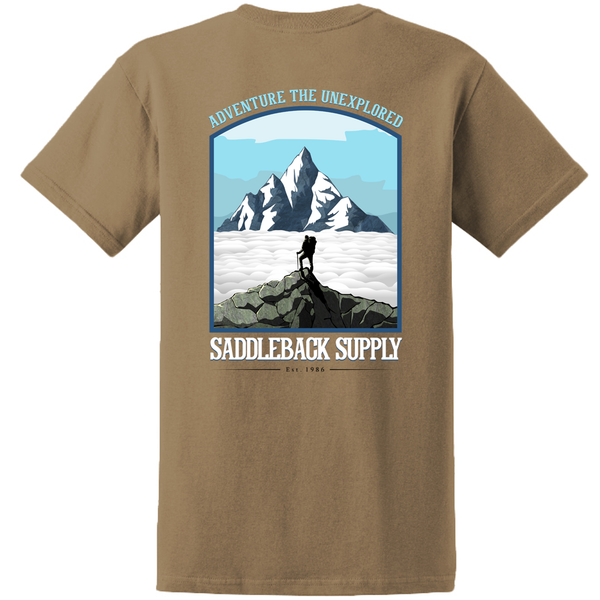 Displayed here is the Saddleback Supply Adventure The Unexplored Tee which is a custom shirt ring spun with 100% cotton giving it a comfortable outdoor shirt. This nature tee has exceptional detail of mountain terrain and is the best wilderness shirt in the apparel industry.