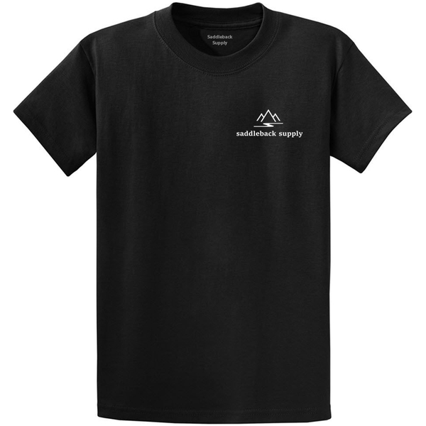 The front version of the black Saddleback Supply Adventure The Unexplored Tee is remarkable for its simplicity with its design. The southern t shirt is is also remarkable for its theme of rural country and the outdoors making it a perfect outdoor t shirt. 