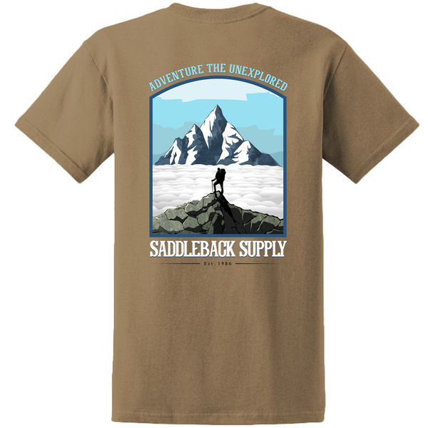 Displayed here is the Saddleback Supply Adventure The Unexplored Tee which is a custom shirt ring spun with 100% cotton giving it a comfortable outdoor shirt. This nature tee has exceptional detail of mountain terrain and is the best wilderness shirt in the apparel industry.   